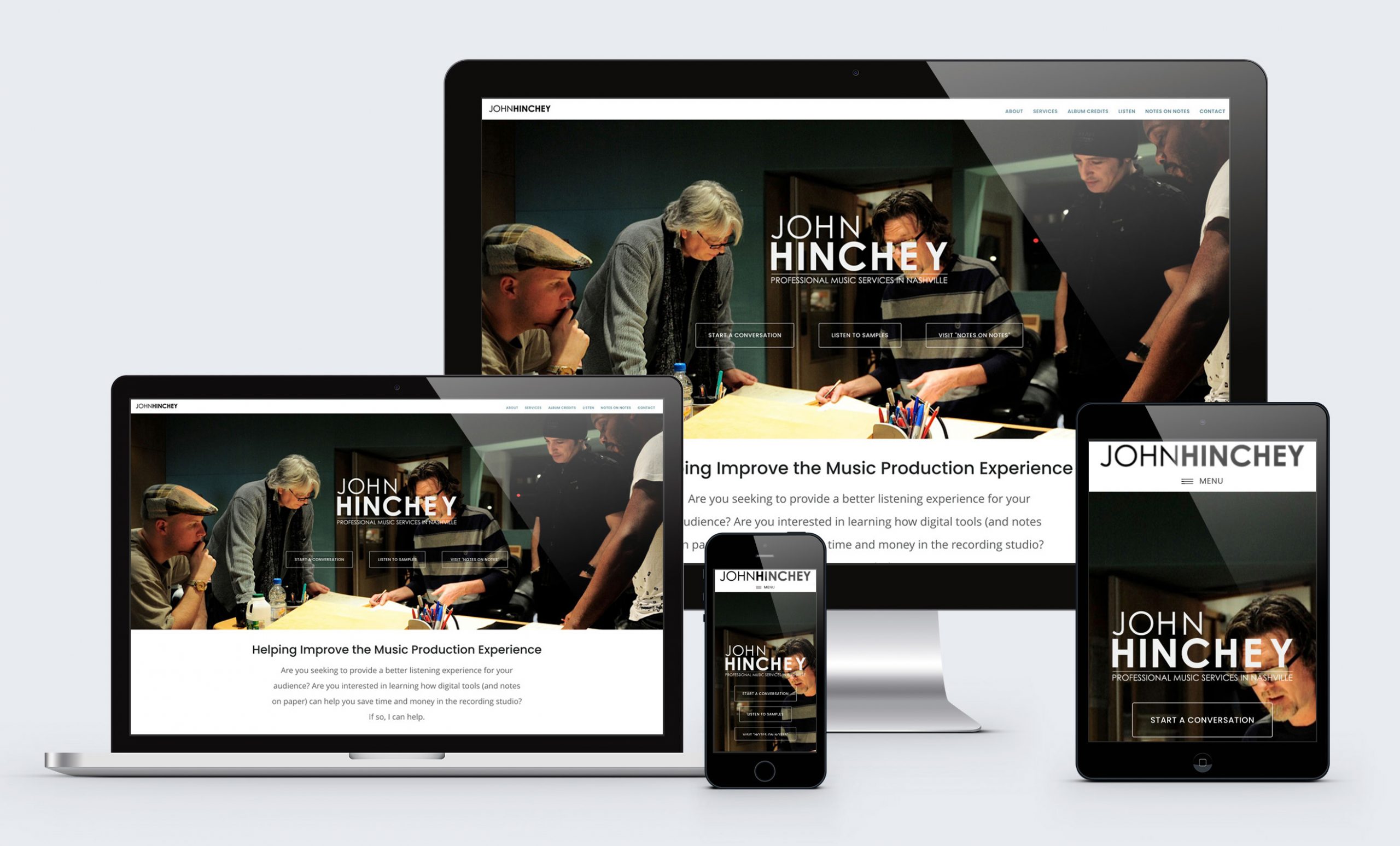 Hinchey Music Services website shown on 4 different screens