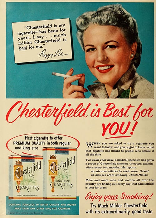 Advertisement with Peggy Lee smoking Chesterfield cigarettes